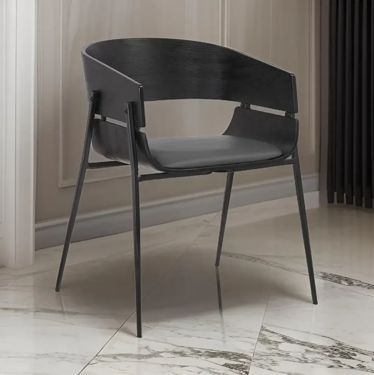 18.5 Inches Round Back Leatherette Dining Chair, Set of 2, Black-Benzara