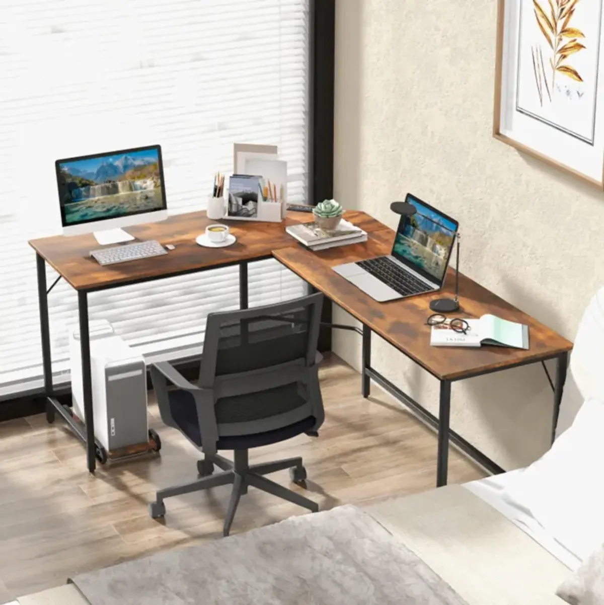 Hivvago L-Shaped Computer Desk with CPU Stand Power Outlets and USB Ports