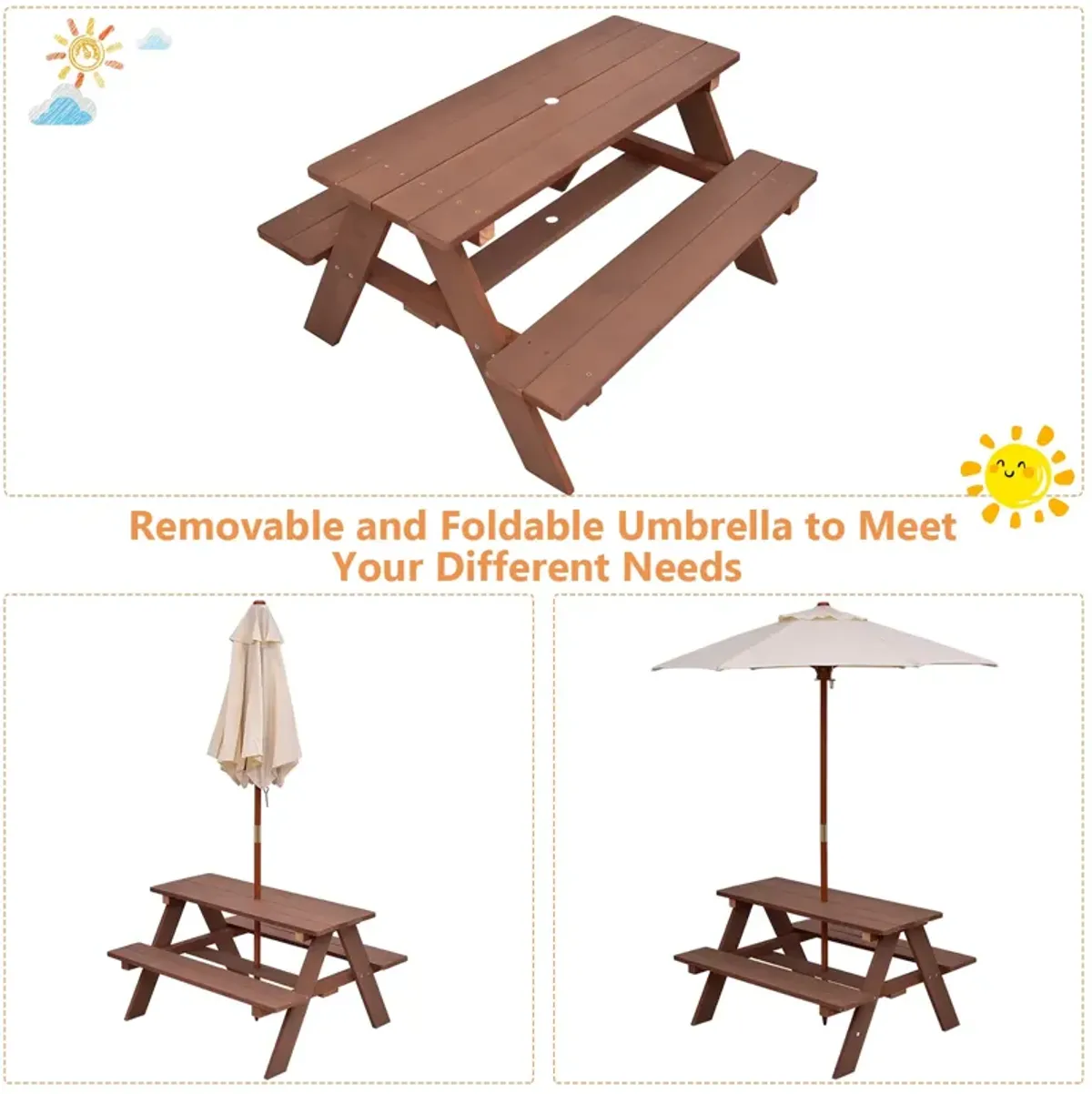 Outdoor 4-Seat Kid's Picnic Table Bench with Umbrella