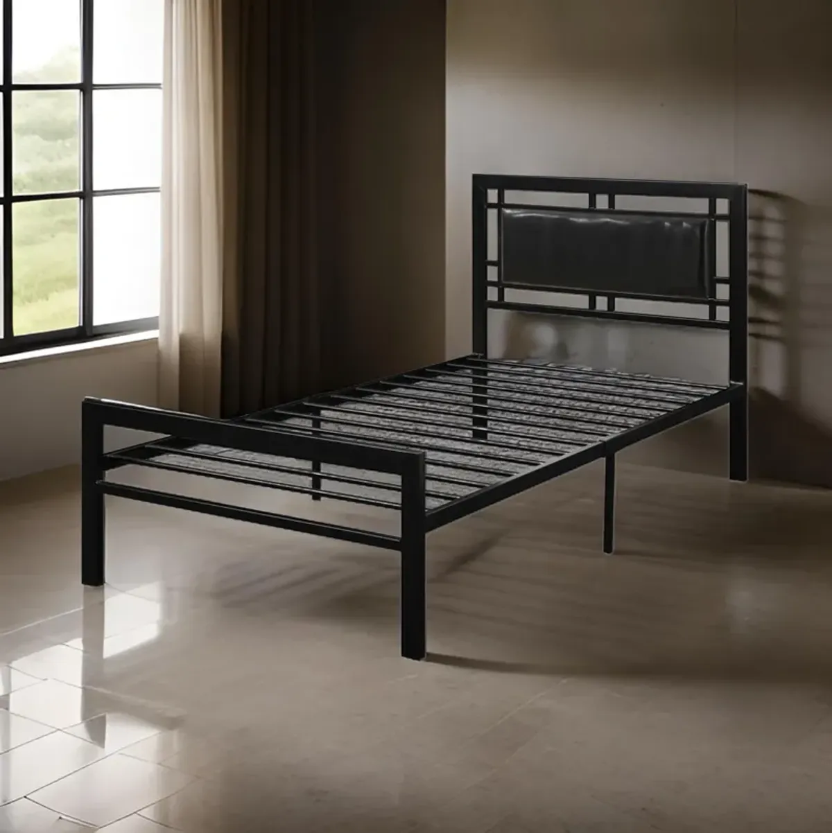 Metal Frame Twin Bed With Leather Upholstered Headboard Black - Benzara