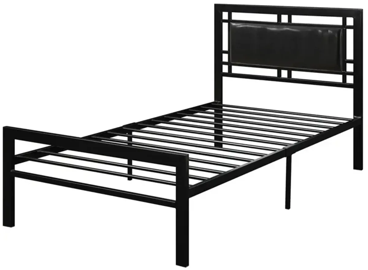 Metal Frame Twin Bed With Leather Upholstered Headboard Black - Benzara