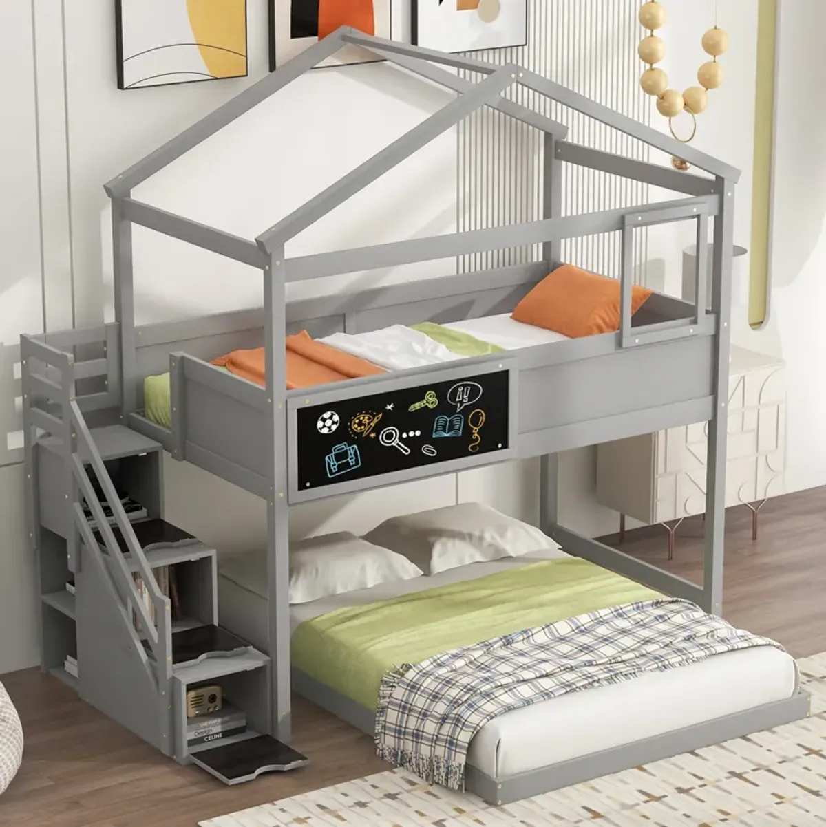 Merax House Bunk Bed with Storage Staircase