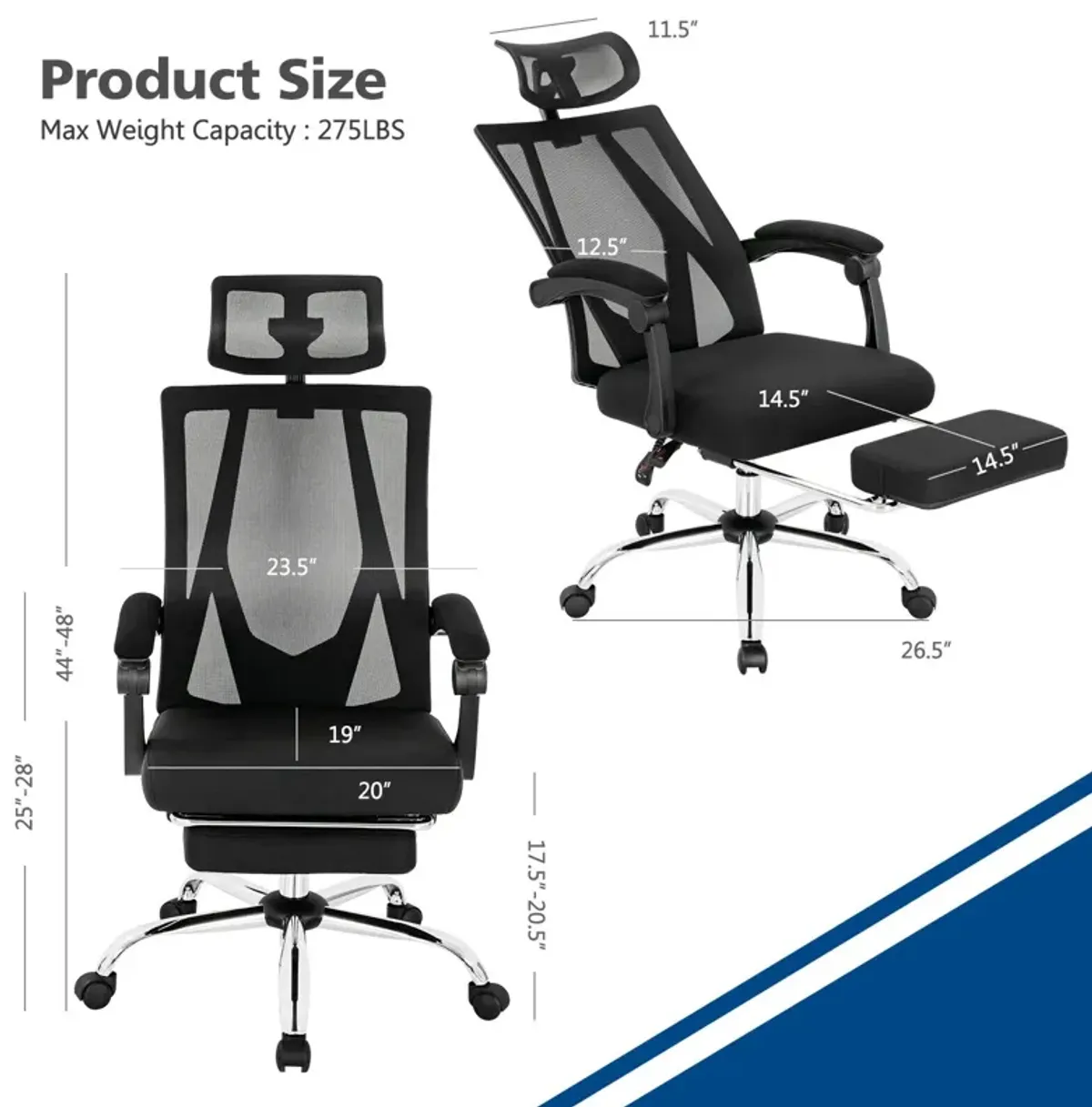 Ergonomic Recliner Mesh Office Chair with Adjustable Footrest-Black