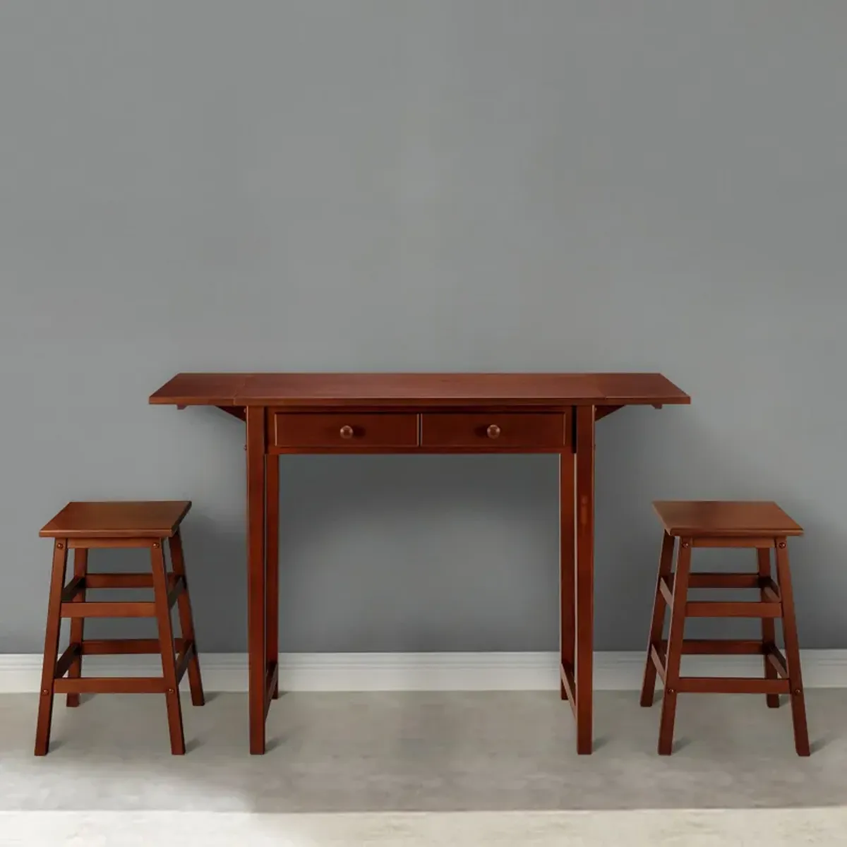 3 Piece Handcrafted Kitchen Island Breakfast Table Set, 2 Drawers, Rubberwood, Stools, Walnut Brown-Benzara