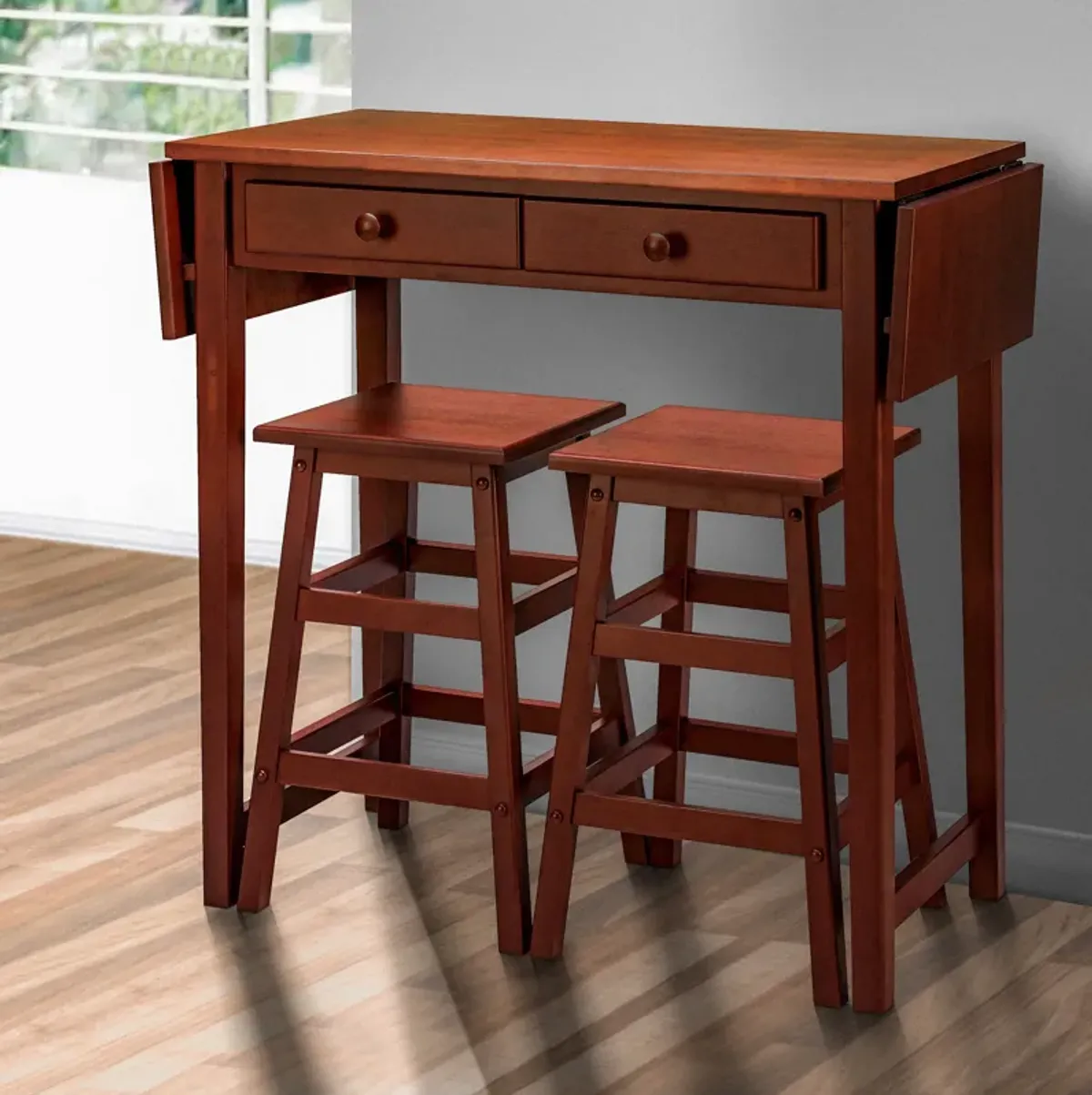 3 Piece Handcrafted Kitchen Island Breakfast Table Set, 2 Drawers, Rubberwood, Stools, Walnut Brown-Benzara