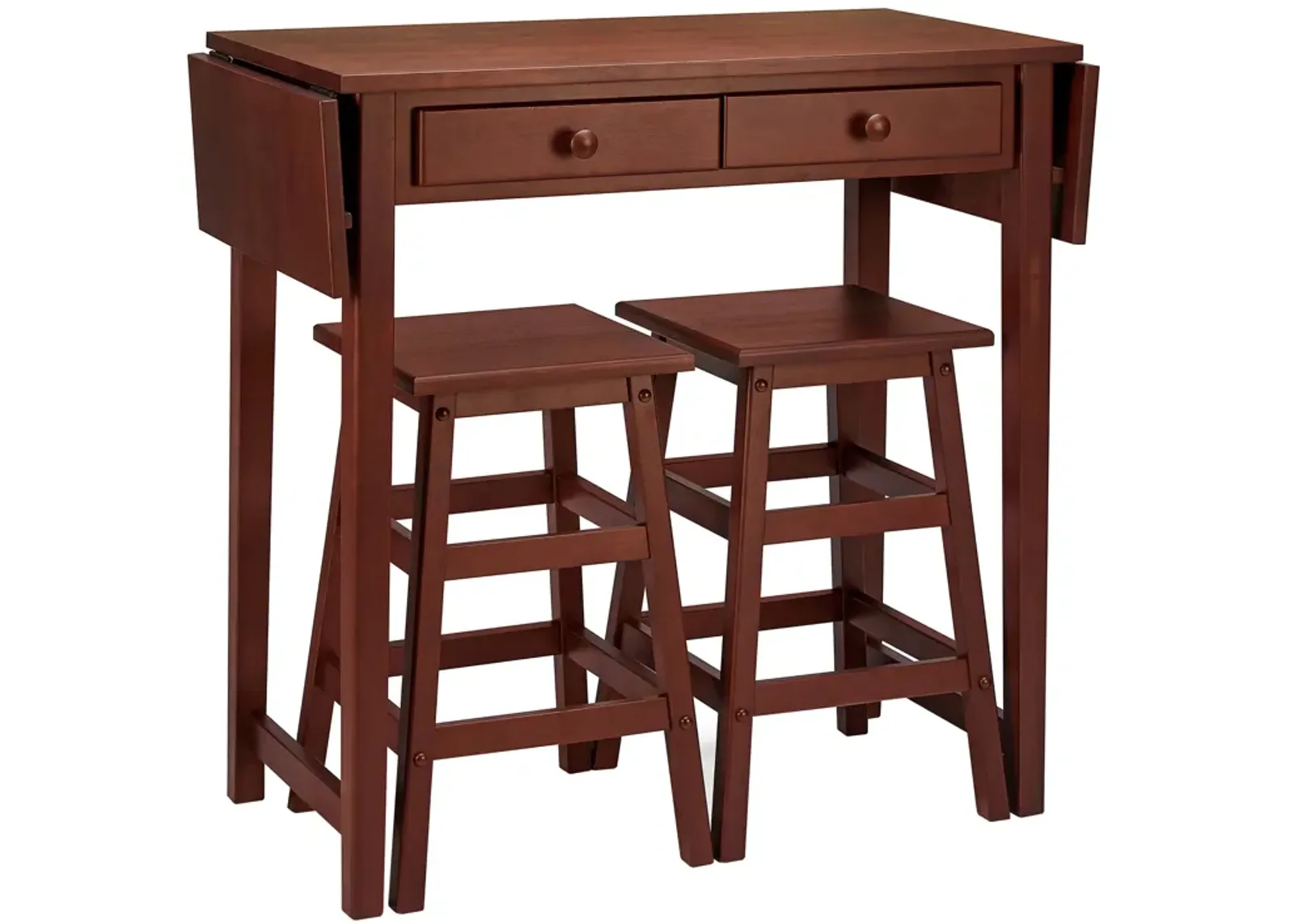 3 Piece Handcrafted Kitchen Island Breakfast Table Set, 2 Drawers, Rubberwood, Stools, Walnut Brown-Benzara