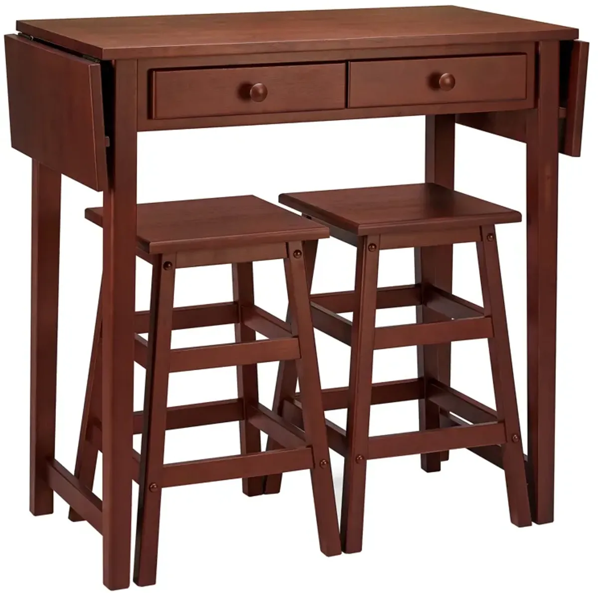 3 Piece Handcrafted Kitchen Island Breakfast Table Set, 2 Drawers, Rubberwood, Stools, Walnut Brown-Benzara