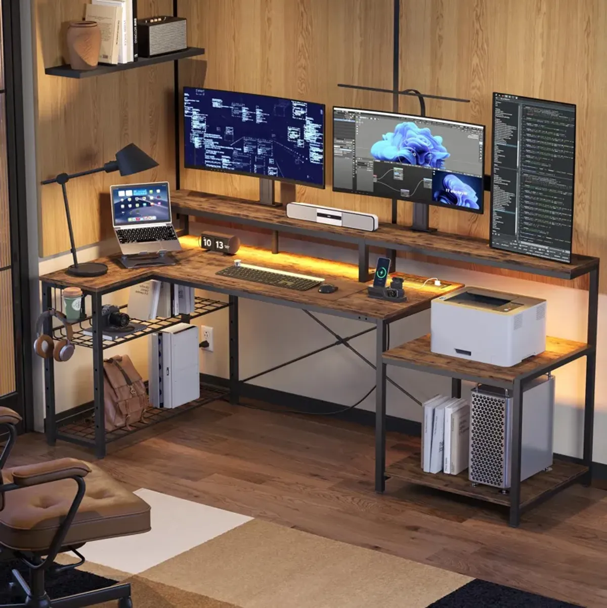 Bestier 71.5 inch Computer Desk with Power Outlets, L Shaped LED Home Office Desk with Long Monitor Stand, Large Corner Desk wit