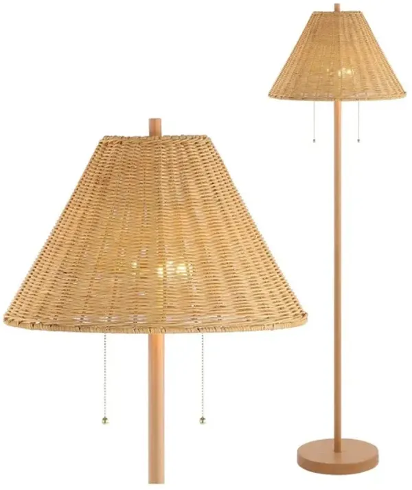 Nando 2-Light Coastal Bohemian Iron/Rattan LED Floor Lamp with Pull-Chain