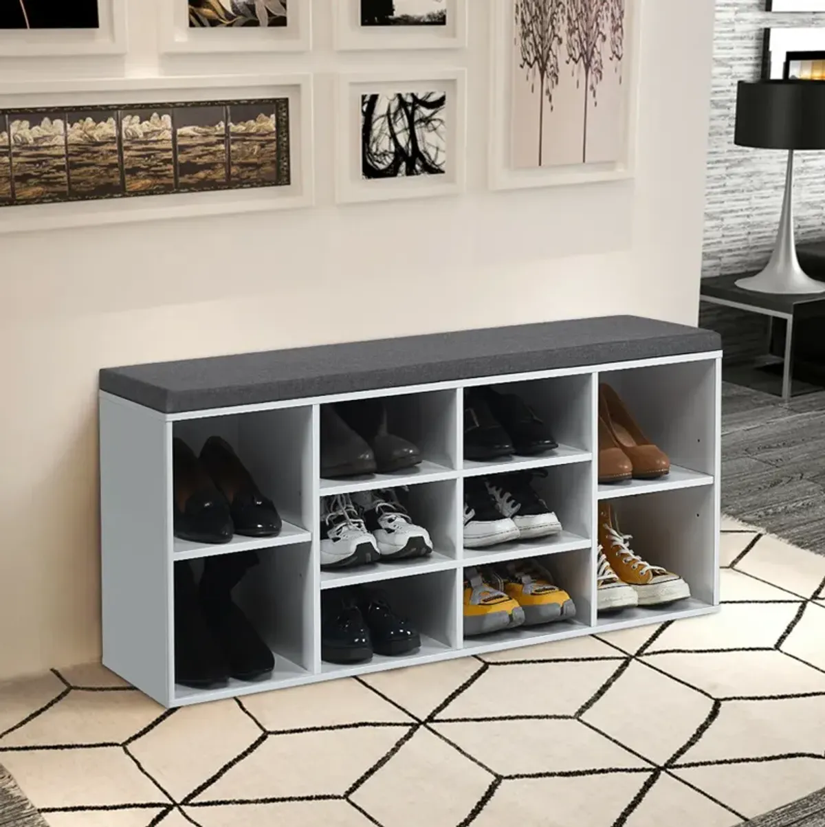 10-Cube Organizer Shoe Storage Bench with Cushion for Entryway