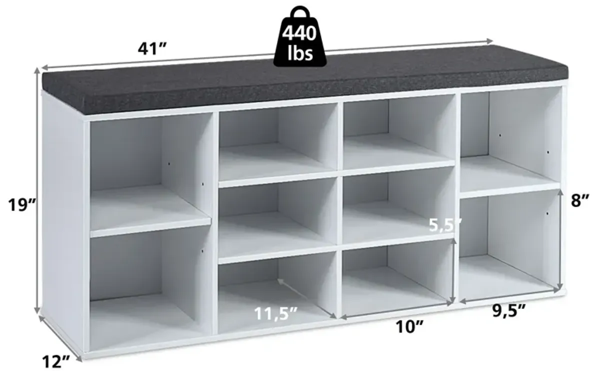 10-Cube Organizer Shoe Storage Bench with Cushion for Entryway