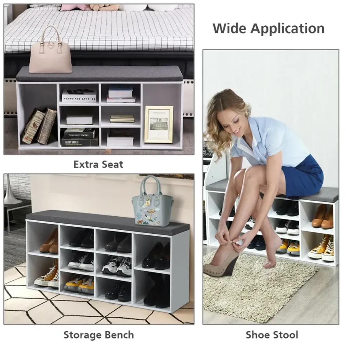 10-Cube Organizer Shoe Storage Bench with Cushion for Entryway