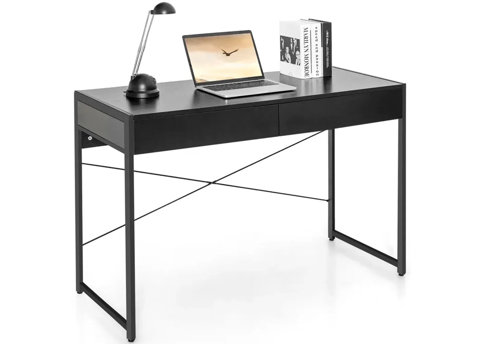 Costway Computer Desk Metal Frame Study Table Home Office Workstation w/2 Drawers Black