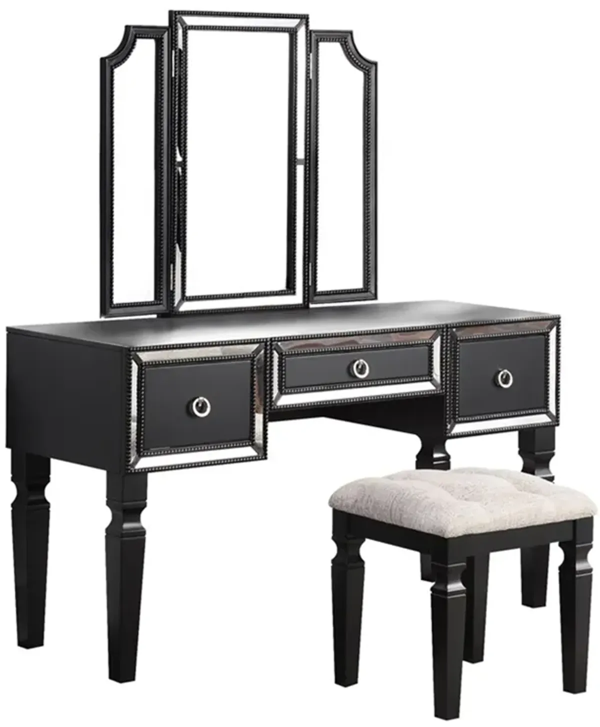 Thuy 60 Inch Vanity Desk Set, Upholstered Stool, Trifold Mirror, Black-Benzara