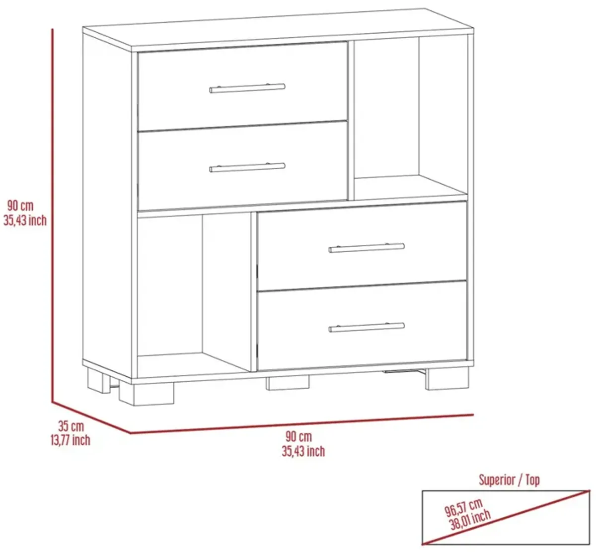 Krista Dresser, Two Open Shelves, Four Drawers - White