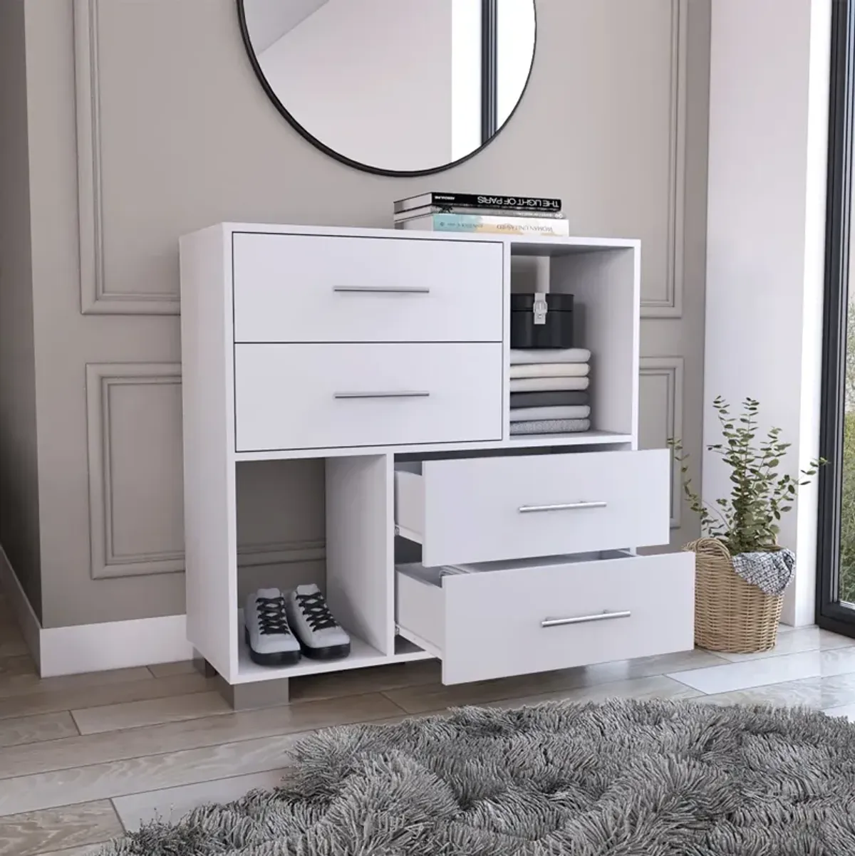 Krista Dresser, Two Open Shelves, Four Drawers - White