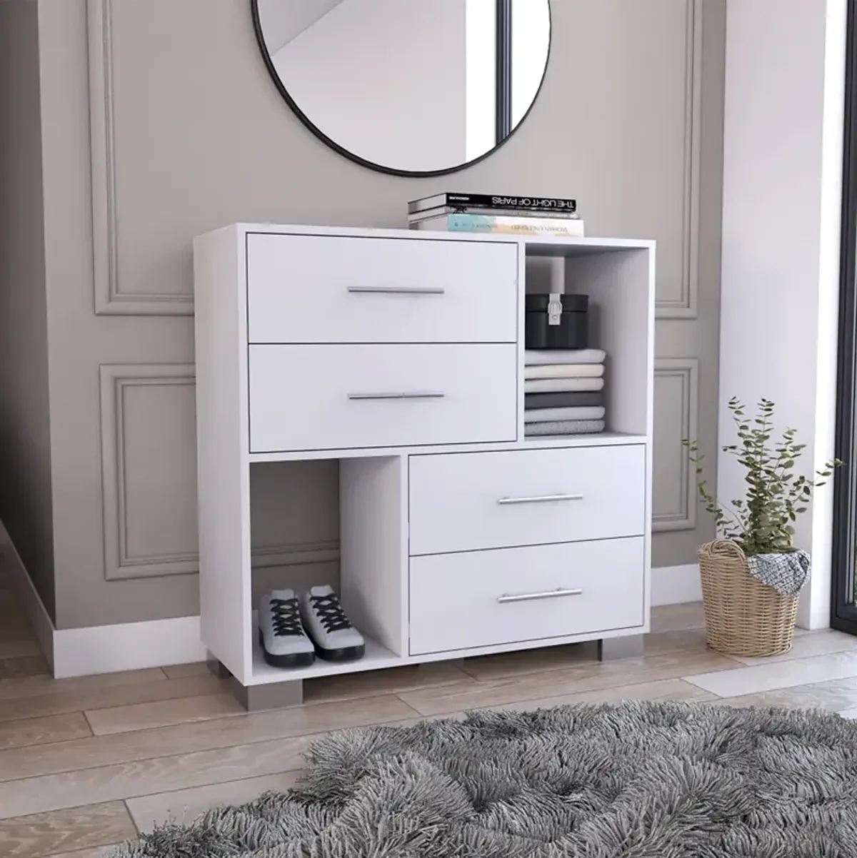 Krista Dresser, Two Open Shelves, Four Drawers - White