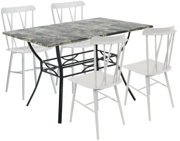 Bien 5 Piece Dining Table and Chair Set, White Metal, Gray Faux Marble - Benzara