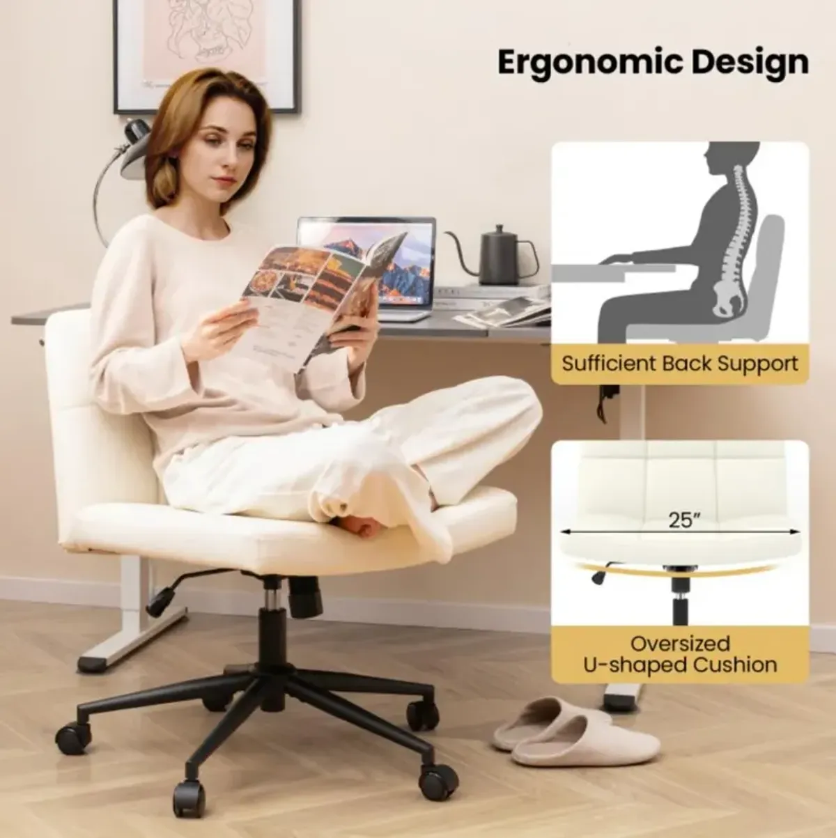 Height-Adjustable Armless Desk Chair with Wheels for Home Office or Vanity