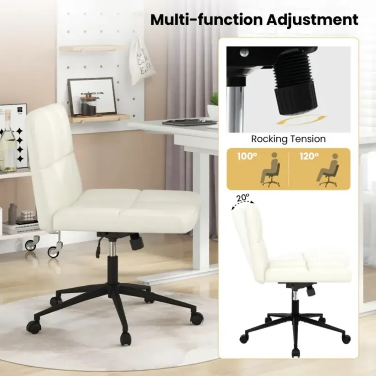 Height-Adjustable Armless Desk Chair with Wheels for Home Office or Vanity