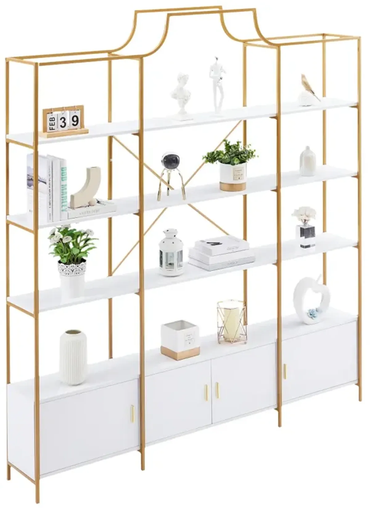 78 Inch 4 Tiers Home Office Bookcase Bookshelf, Storage Cabinet Display Shelf, X Bar Gold Frame