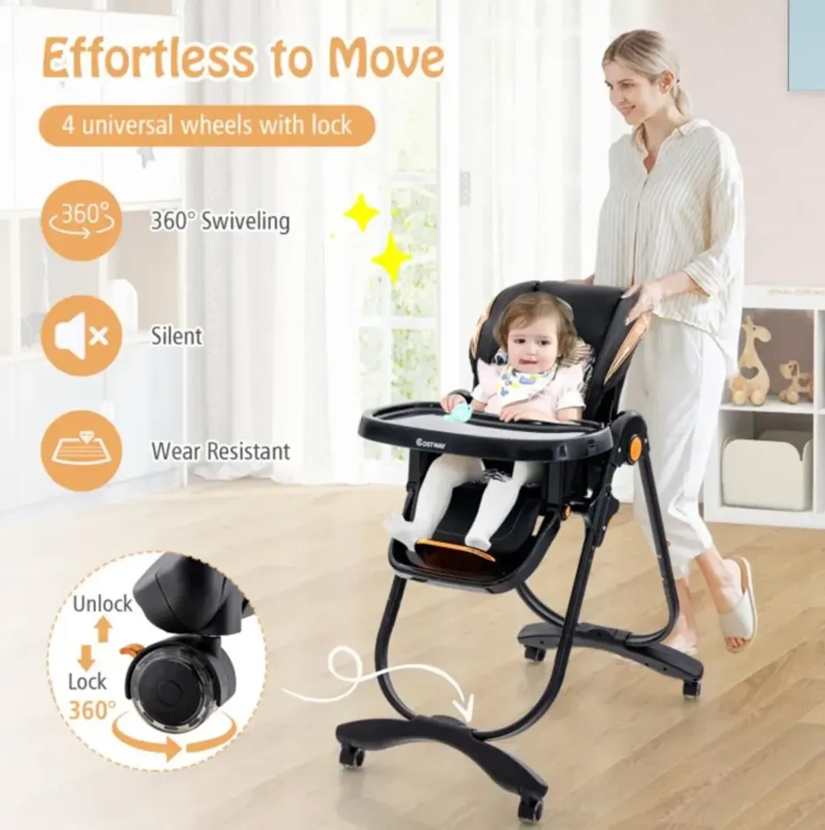 Hivvago Folding Baby Dining High Chair with Adjustable Height and Recline-Black