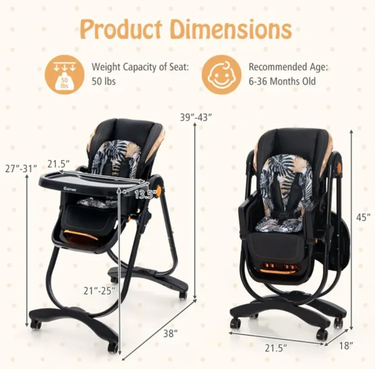 Hivvago Folding Baby Dining High Chair with Adjustable Height and Recline-Black