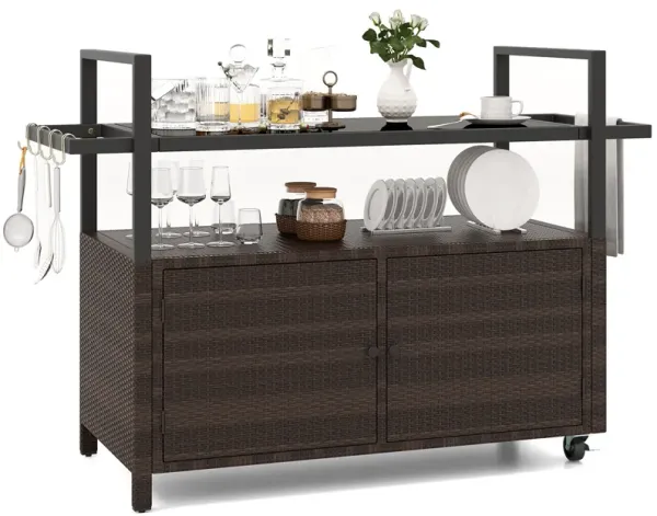Wicker Patio Bar Cart with Cabinet and 8 Hooks – Outdoor Buffet Serving Cart