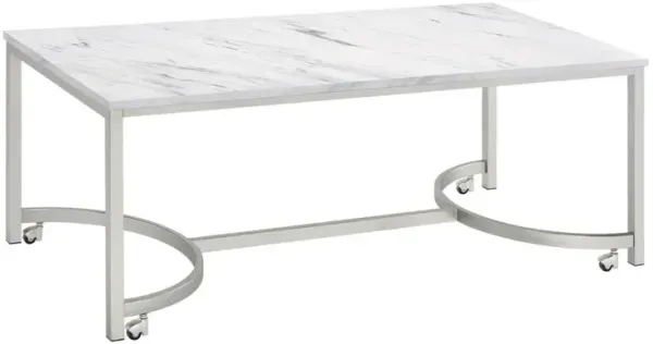 Leona Coffee Table with Casters White and Satin Nickel