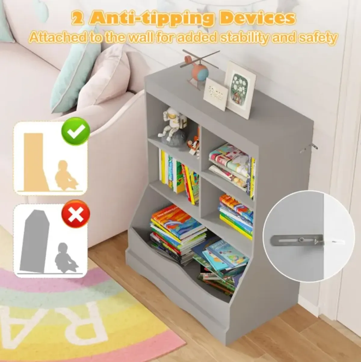 Hivvago 3-Tier Children's Multi-Functional Bookcase Toy Storage Bin Floor Cabinet