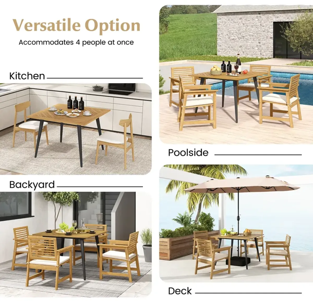 4-Person Acacia Wood Outdoor Dining Table