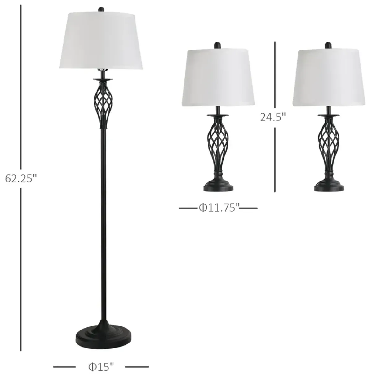 Black/White Illumination: 3-Piece Lamp Set with Floor and Table Lamps