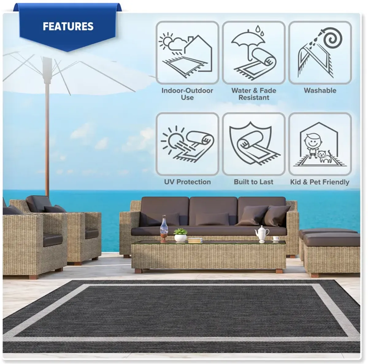 Waikiki Bordered Indoor/Outdoor Area Rug