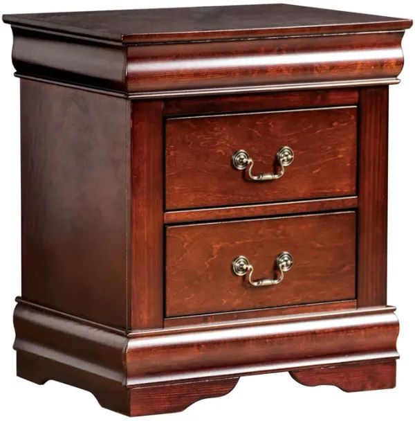 Ryla Nightstand, 2 Drawers, Cherry Brown Solid Wood, Bronze Drop Handles - Benzara