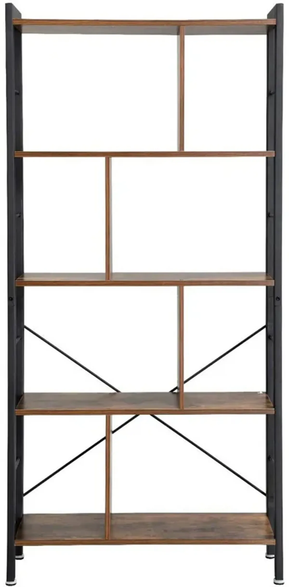 4 Tier Wood and Metal Bookcase with Crossbars, Brown and Black-Benzara