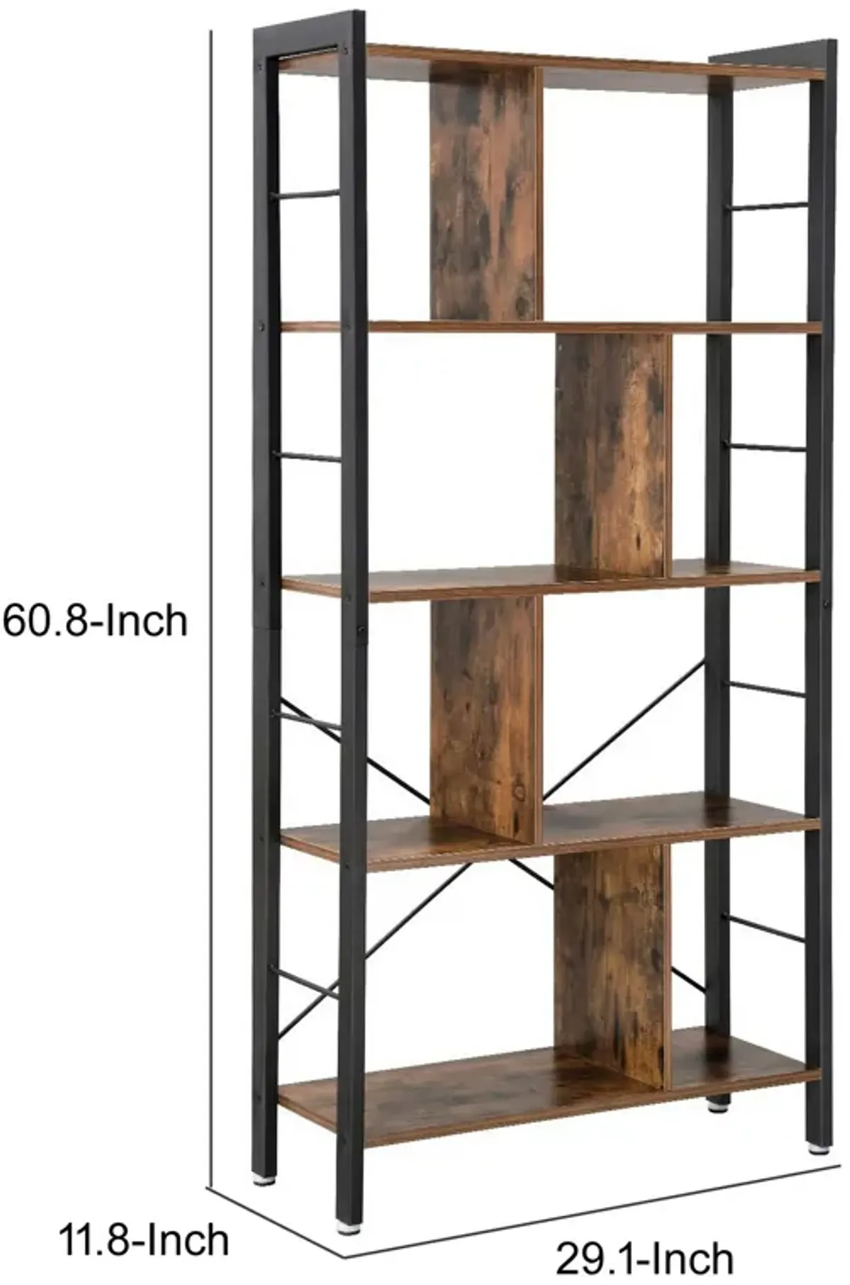 4 Tier Wood and Metal Bookcase with Crossbars, Brown and Black-Benzara