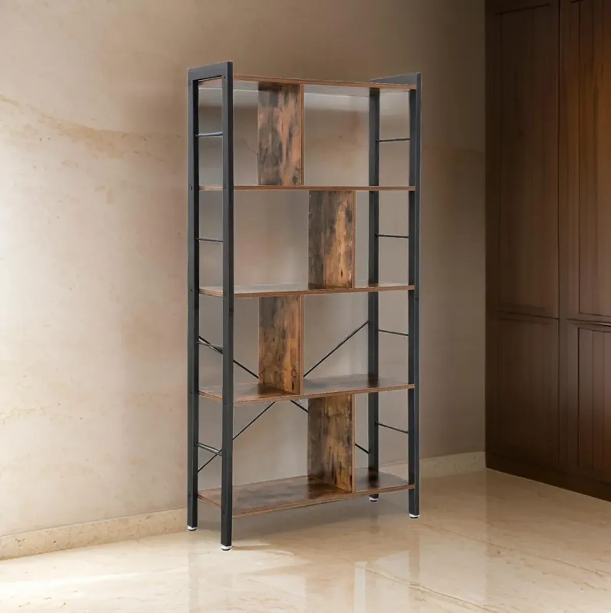 4 Tier Wood and Metal Bookcase with Crossbars, Brown and Black-Benzara