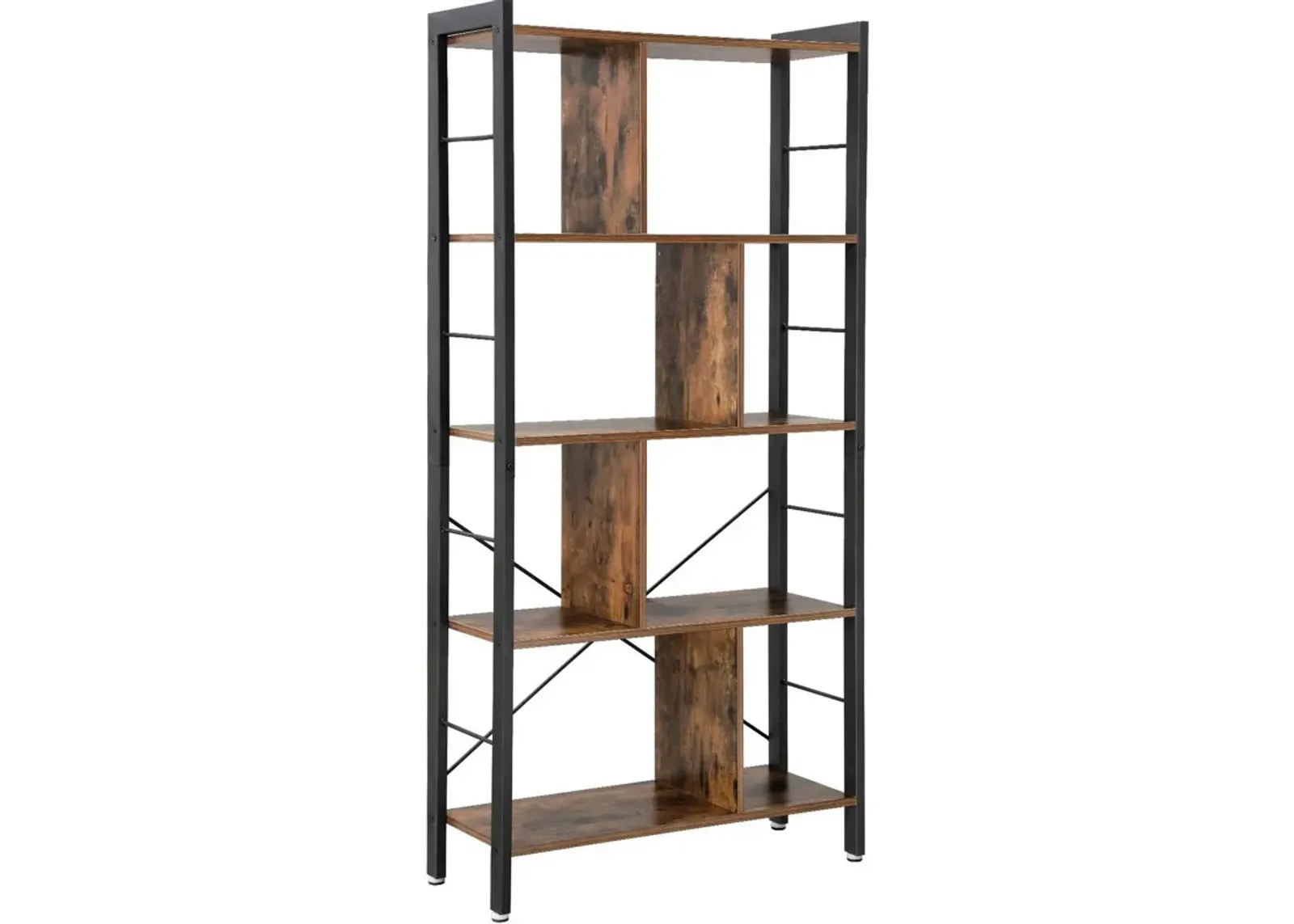 4 Tier Wood and Metal Bookcase with Crossbars, Brown and Black-Benzara