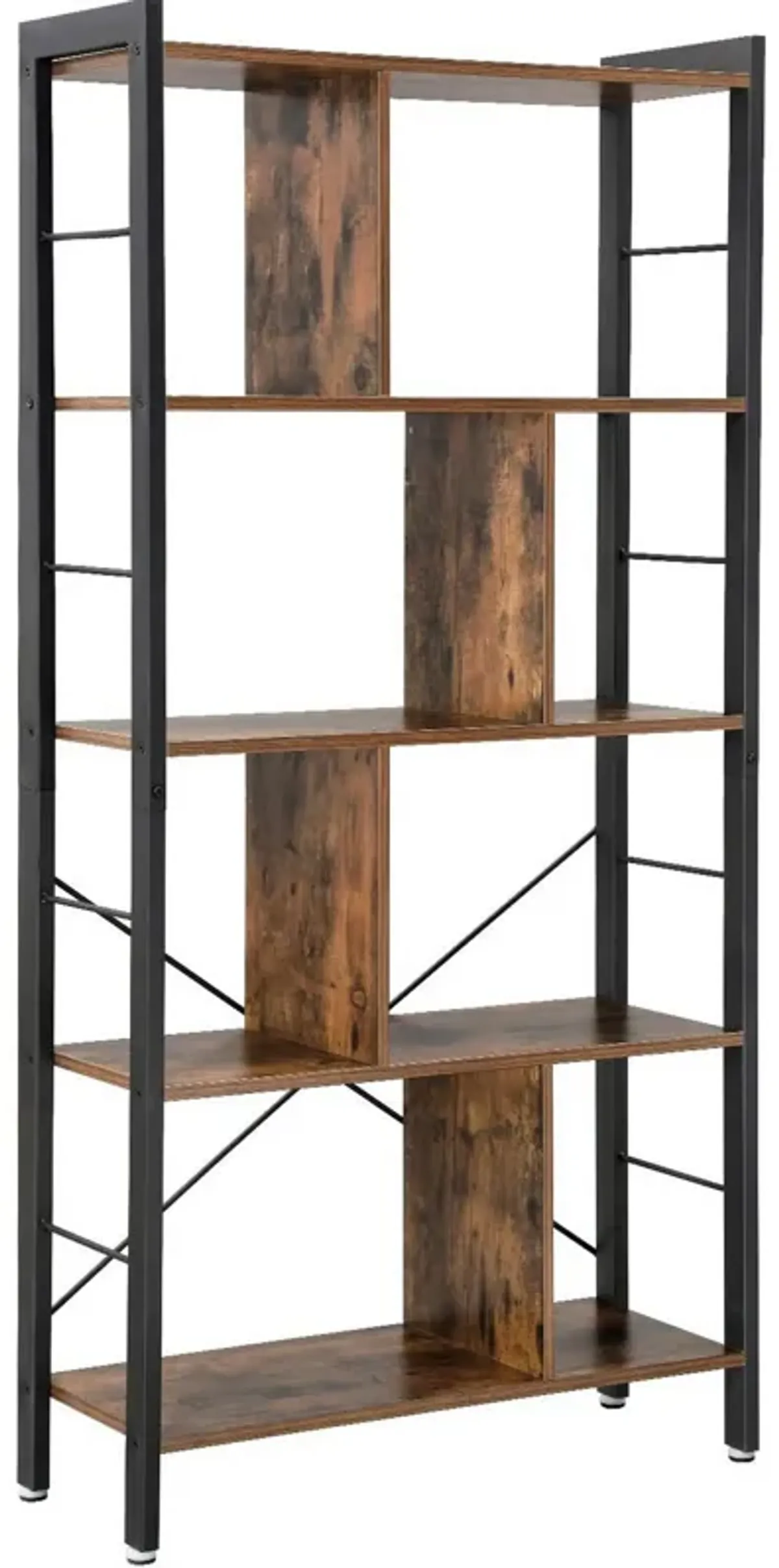 4 Tier Wood and Metal Bookcase with Crossbars, Brown and Black-Benzara