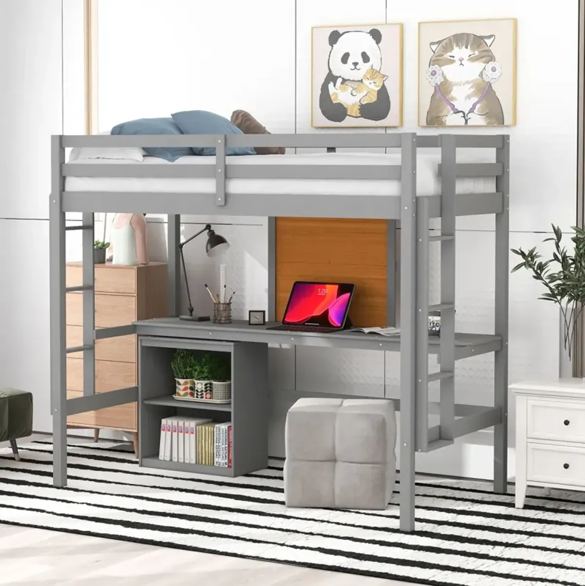 Twin Size Loft Bed With Desk And Writing Board, Wooden Loft Bed With Desk & 2 Drawers Cabinet