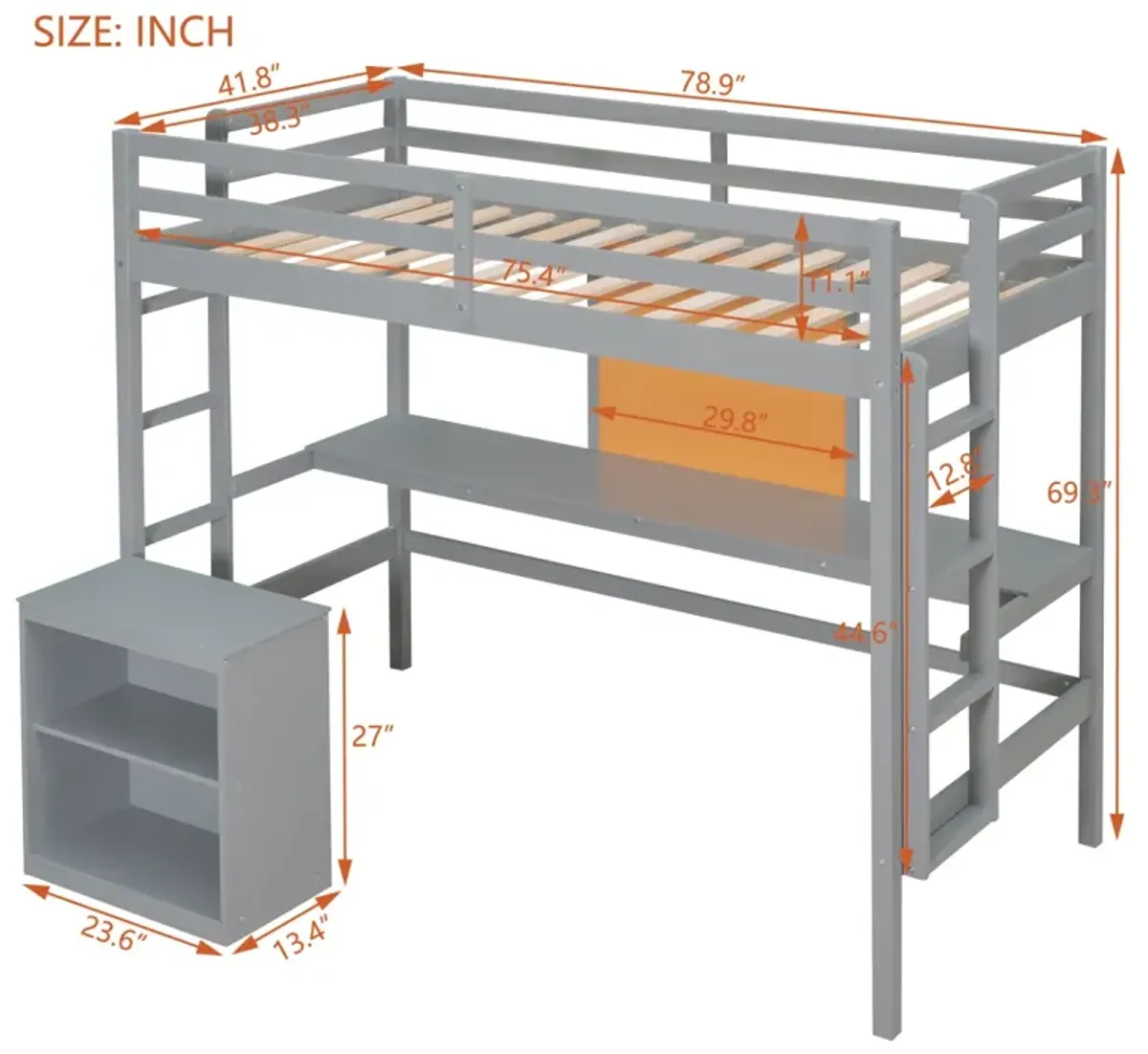 Twin Size Loft Bed With Desk And Writing Board, Wooden Loft Bed With Desk & 2 Drawers Cabinet