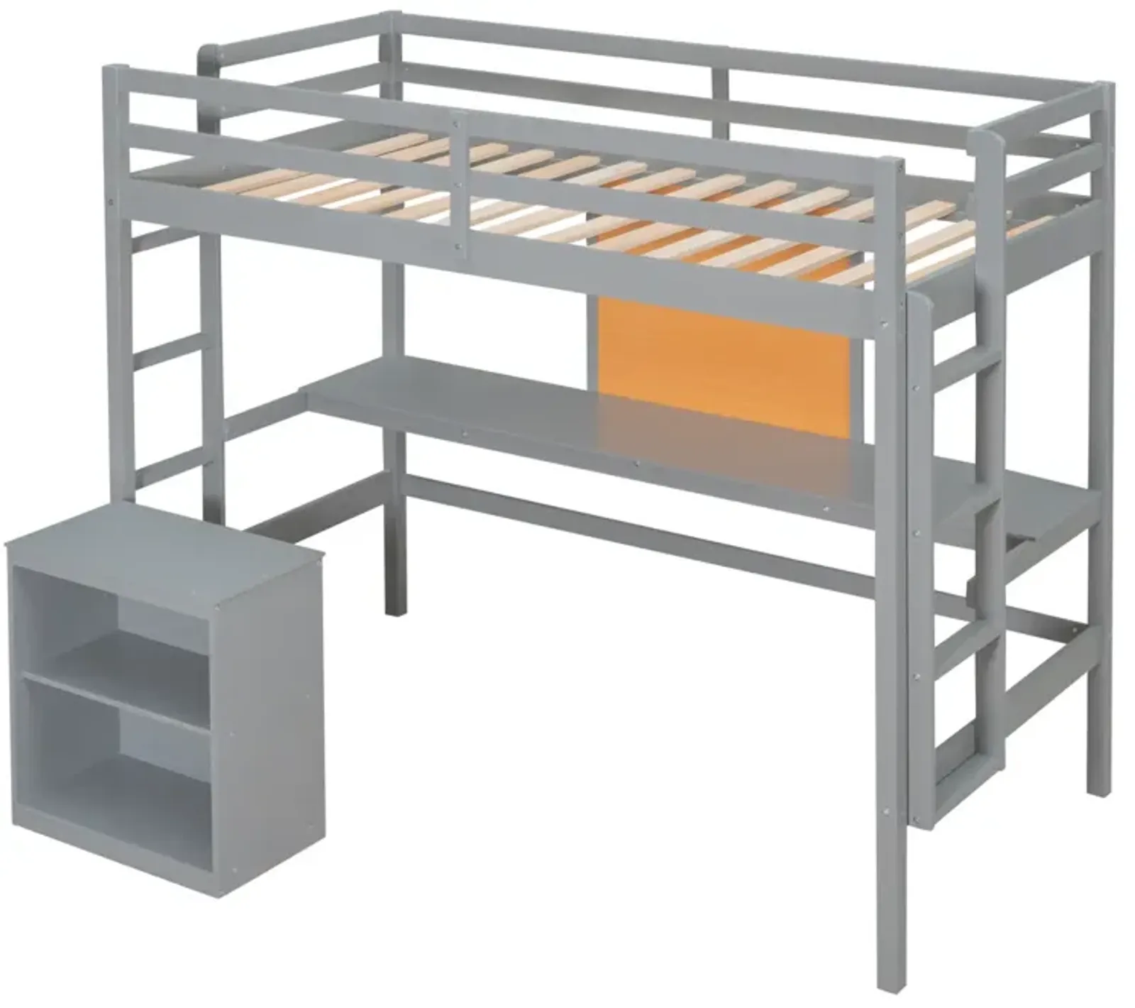 Twin Size Loft Bed With Desk And Writing Board, Wooden Loft Bed With Desk & 2 Drawers Cabinet