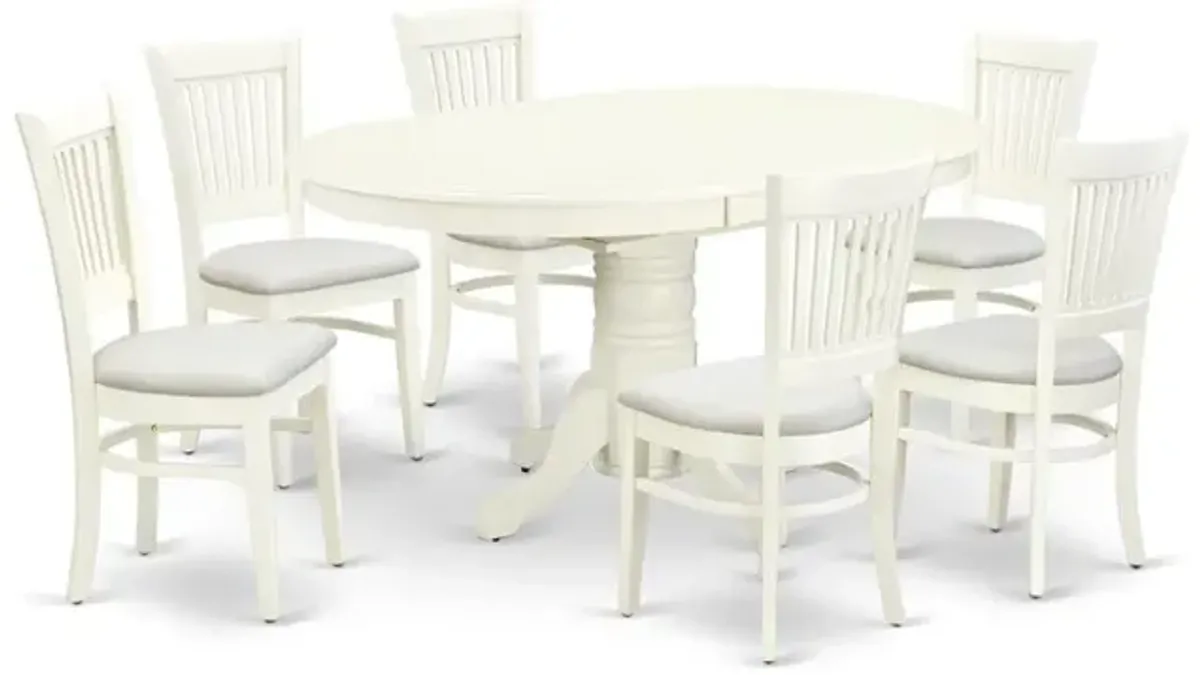 East West Furniture - AVVA7-LWH-C - 7-Piece dining table Set- 6 Dining Chairs with Linen Fabric Seat and Slatted Chair Back - Butterfly Leaf Modern Oval Dining Table - Linen White Finish