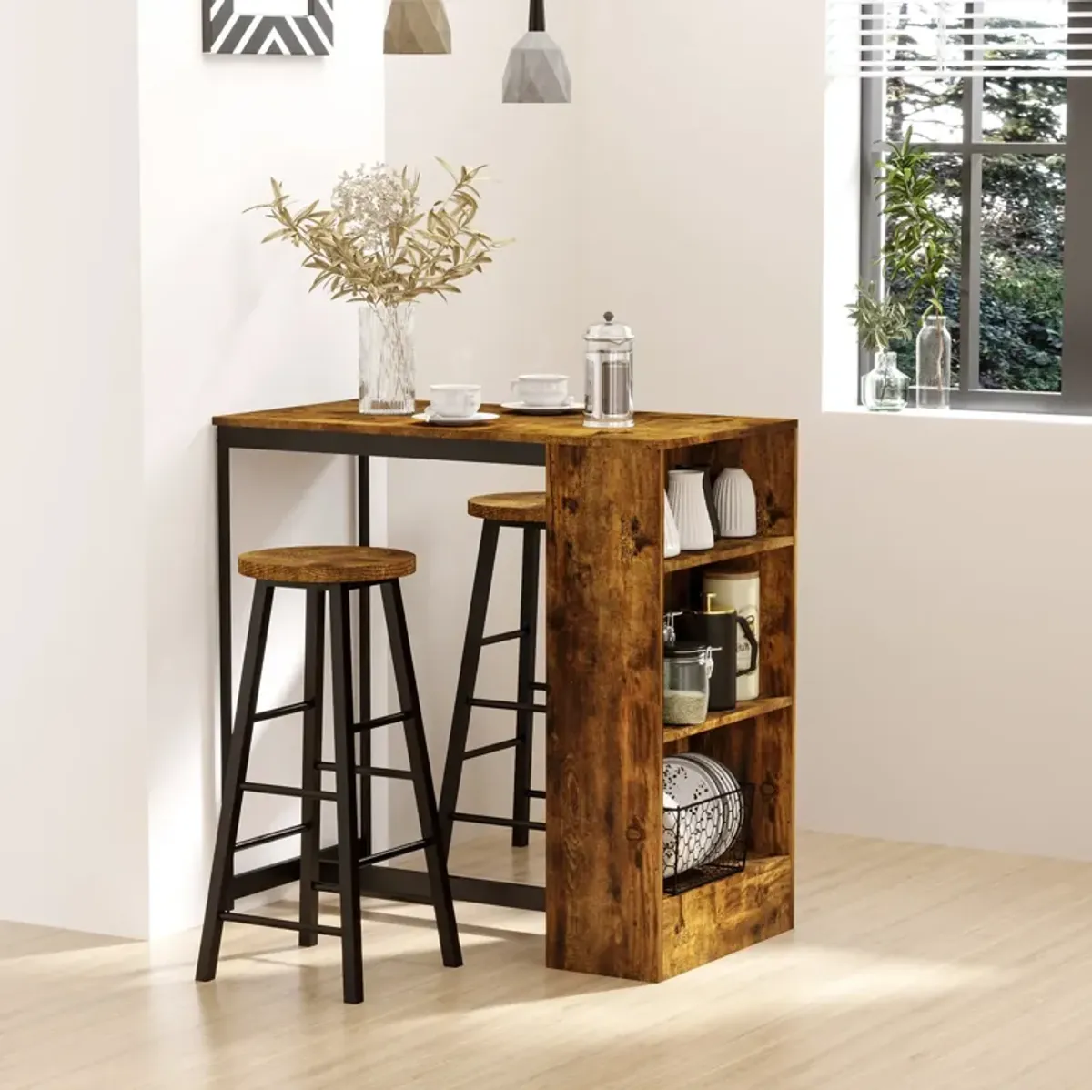 Rustic Brown/Black Dining: 3-Piece Bar Table Set with Stools