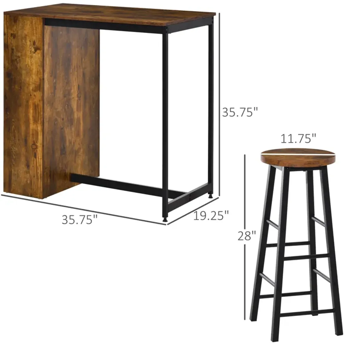 Rustic Brown/Black Dining: 3-Piece Bar Table Set with Stools