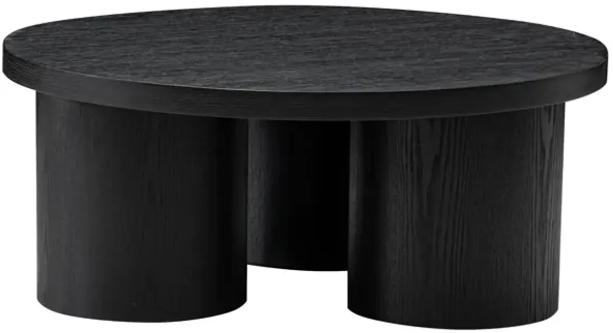 Cid Smith 36 Inch Coffee Table, Round Top and Legs, Black Solid Oak Wood - Benzara