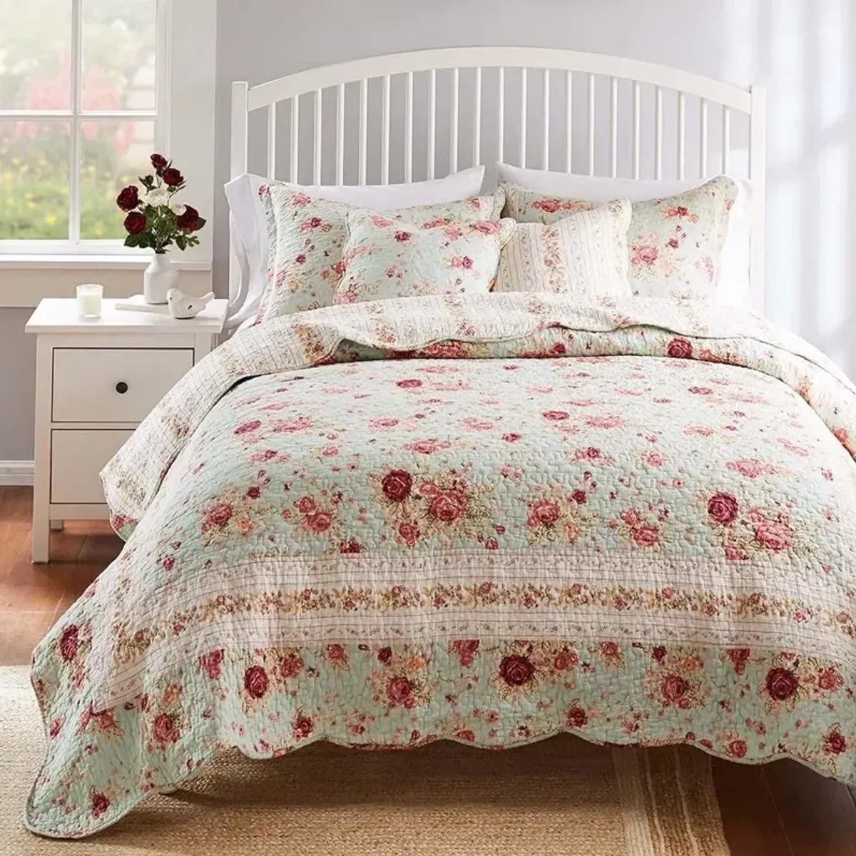 Greenland Home Antique Rose Floral Print Decorative High Quality Quilt Set 4-Piece