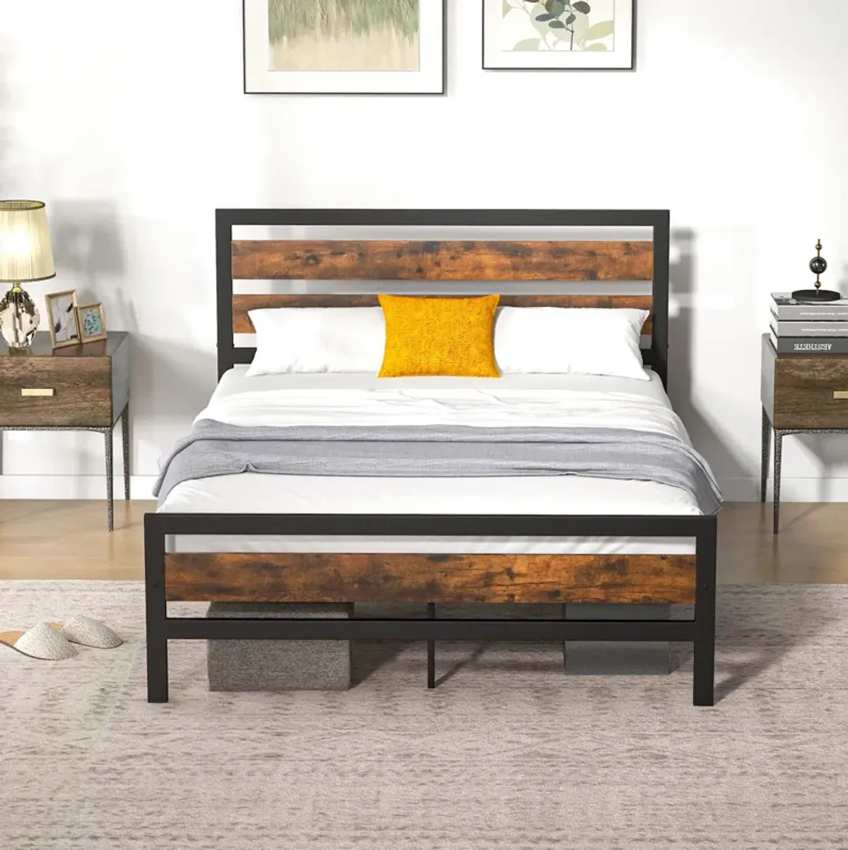 Industrial Bed Frame with Rustic Headboard and Footboard