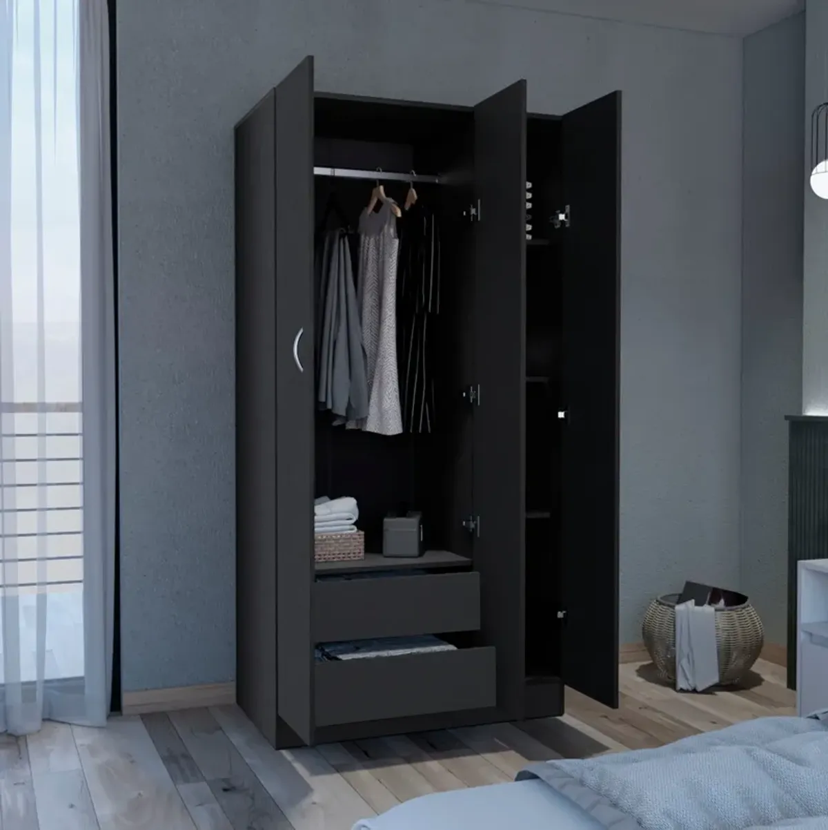 Westbury Wardrobe Armoire with 3-Doors and 2-Inner Drawers, Black -Bedroom