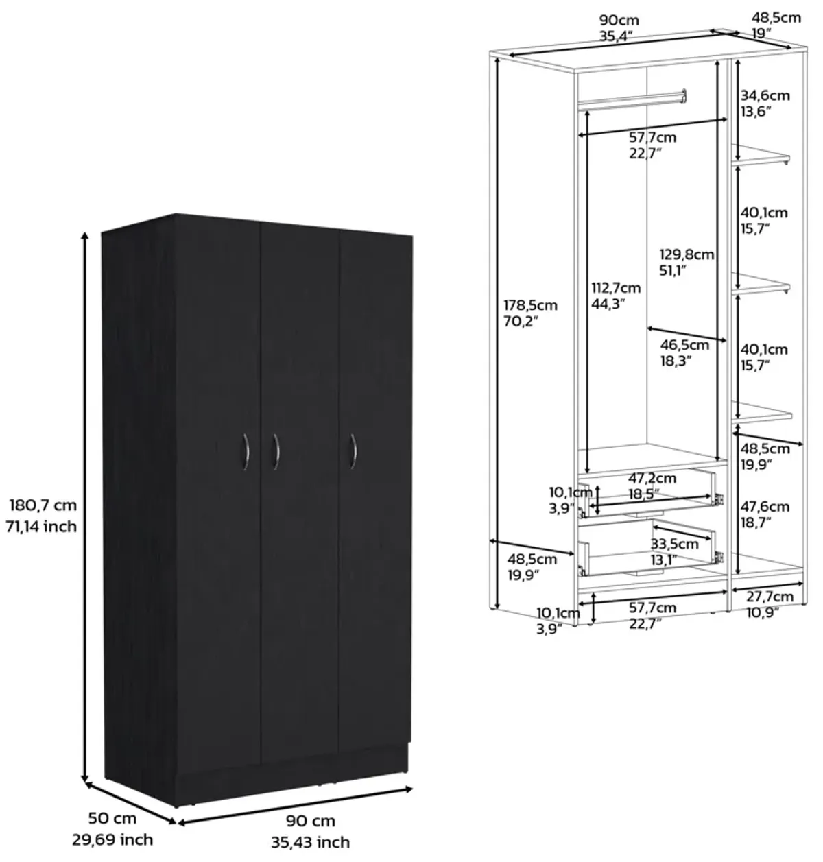 Westbury Wardrobe Armoire with 3-Doors and 2-Inner Drawers, Black -Bedroom